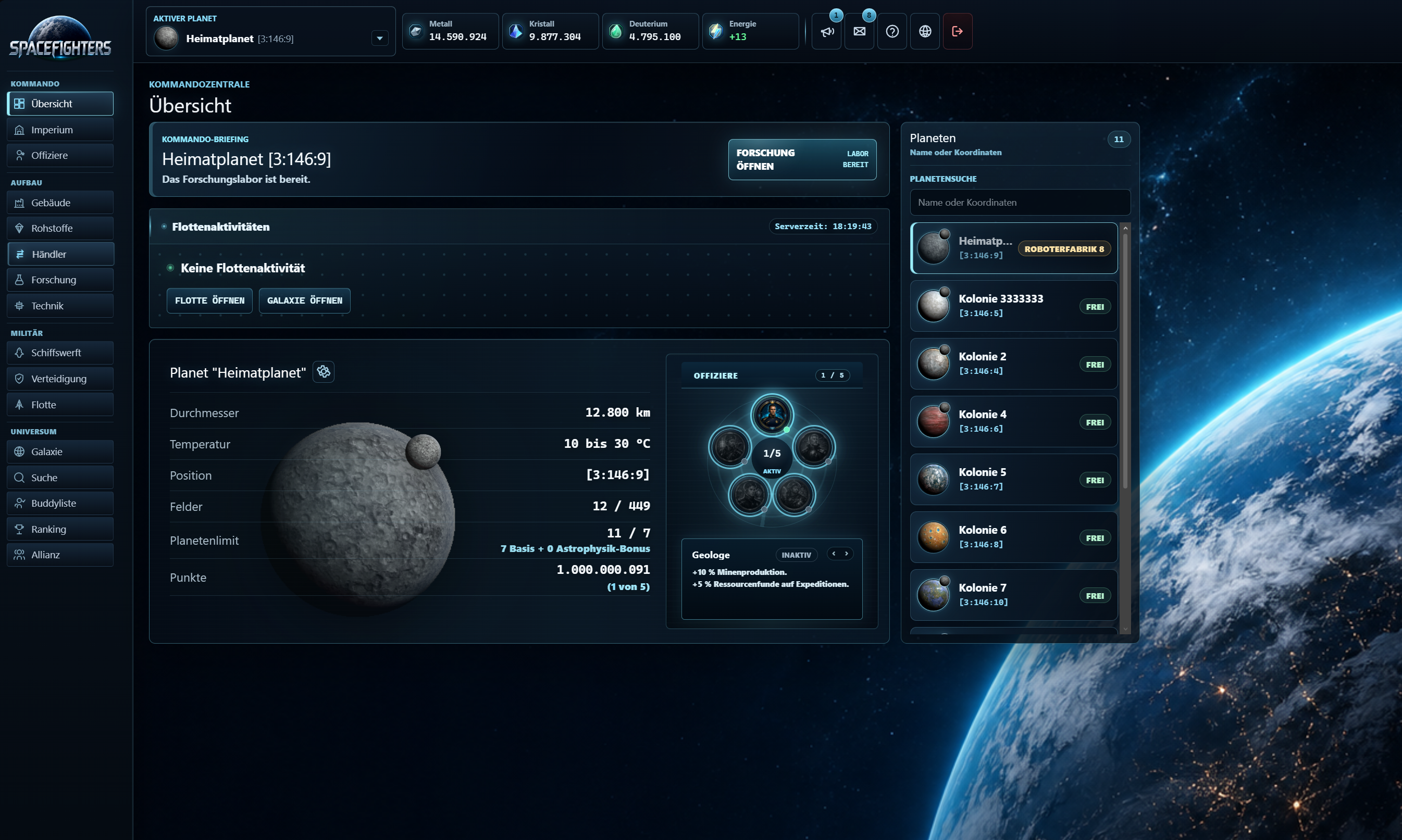 Spacefighters planet overview with resources and construction orders